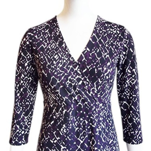 SIGRID OLSEN Plum Black Abstract Art Print Surplice Wrap Corp Core Knit Dress XS - Picture 3 of 6